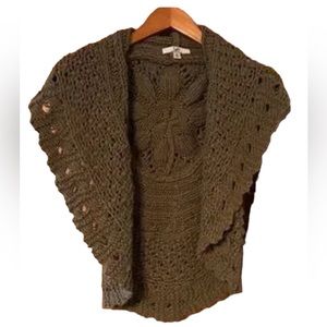 Olive green chunky floral crochet knit sleeveless open shawl circle vest